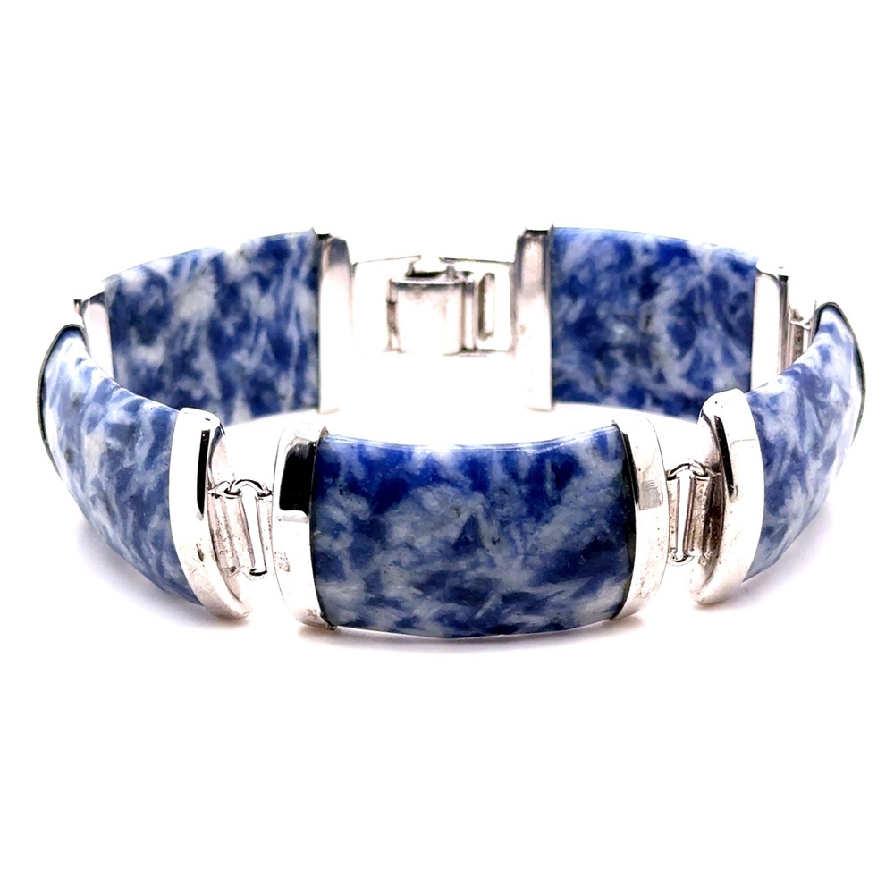 Sterling Silver 925 Faceted Sodalite Panel Link Bracelet Blue White 7.5 Inch